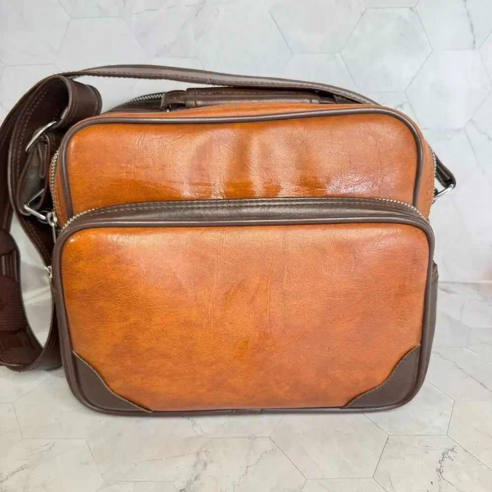 Vintage Camera Bag Two Tone Brown Shoulder Strap Taiwan ROC Retro 70s Synthetic